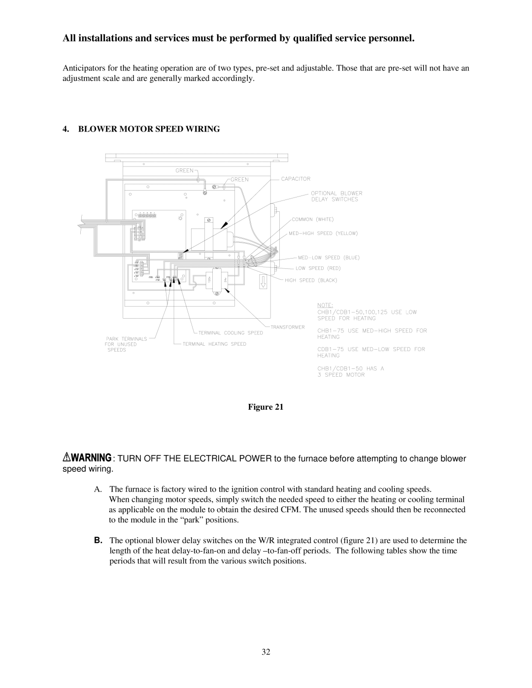 Thermo Products CBD1-50N, CHB1-125N, CHB1-75N, CHB1-100N, CBD1-75N, CBD1-100N, CBD1-125N, CHB1-50N Blower Motor Speed Wiring 