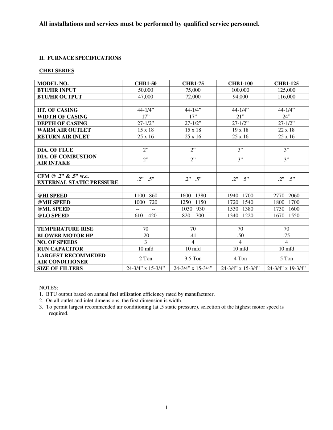 Thermo Products CHB1-50N II. Furnace Specifications CHB1 Series Model no, BTU/HR Input, BTU/HR Output, HT. of Casing 