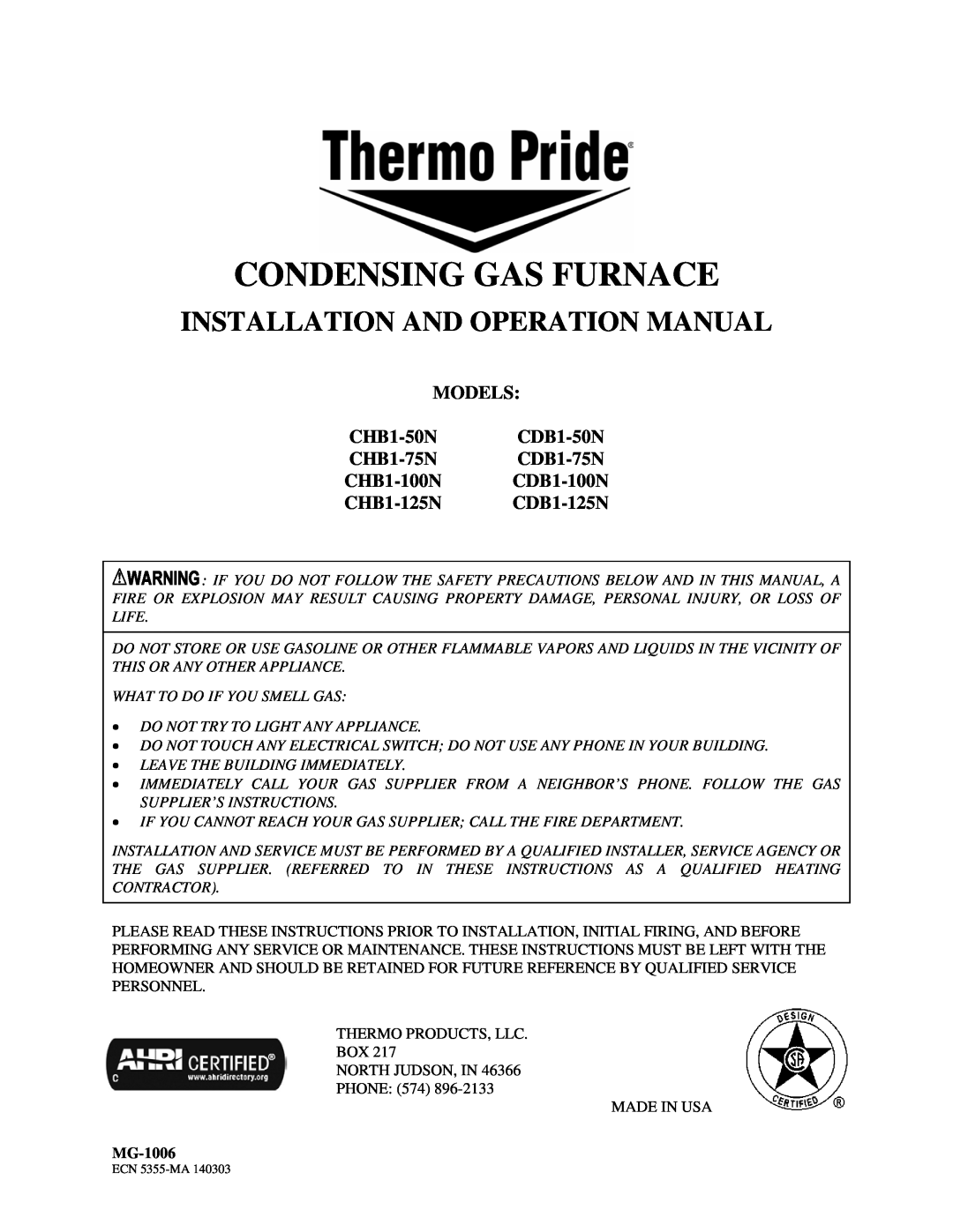 Thermo Products operation manual MODELS CHB1-50N CDB1-50N CHB1-75N CDB1-75N, CHB1-100N CDB1-100N CHB1-125N CDB1-125N 