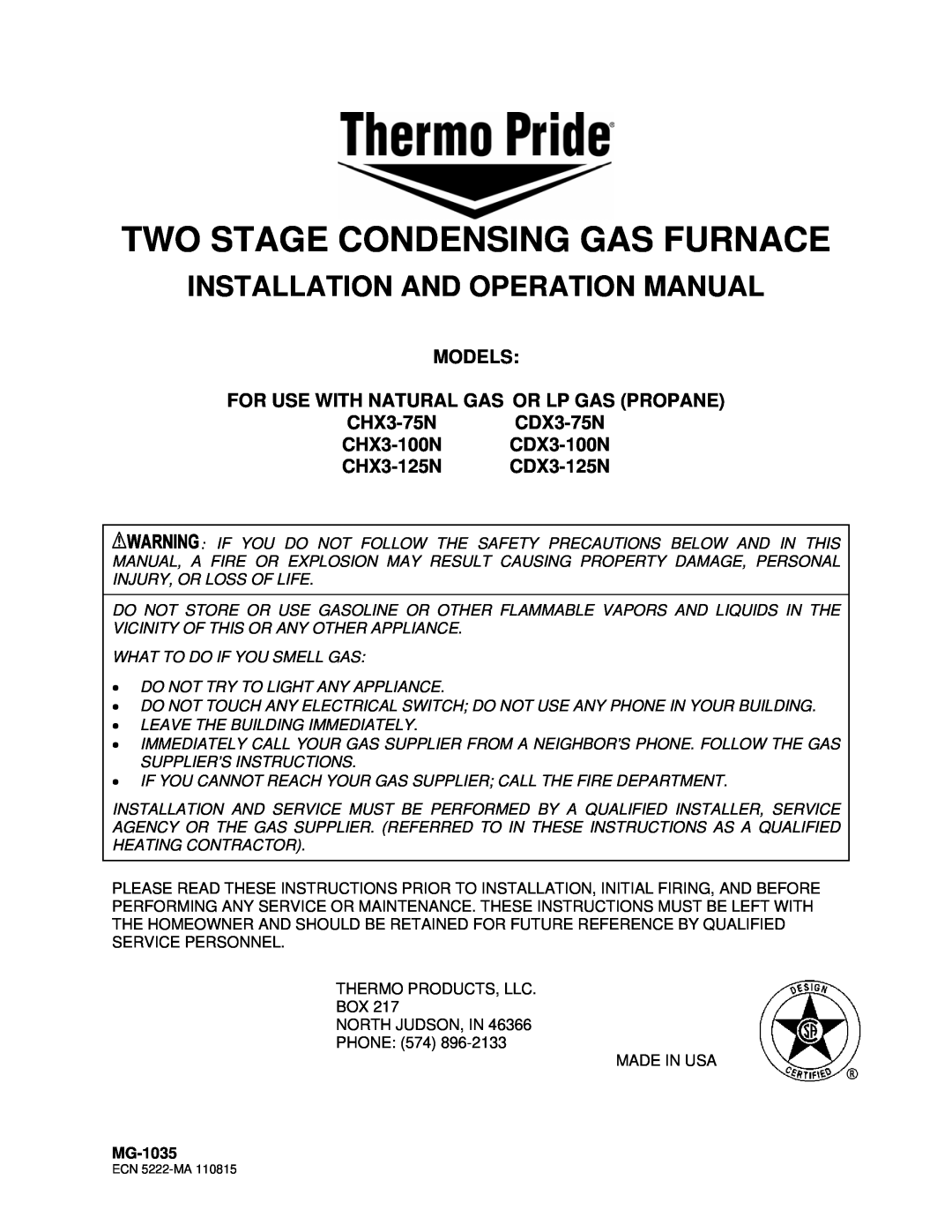 Thermo Products 100n, chx-3 75n operation manual Models For Use With Natural Gas Or Lp Gas Propane, CHX3-125N CDX3-125N 