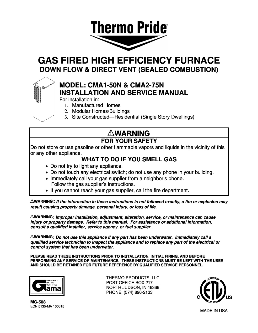 Thermo Products CMA1-50N service manual Gas Fired High Efficiency Furnace, Down Flow & Direct Vent Sealed Combustion 