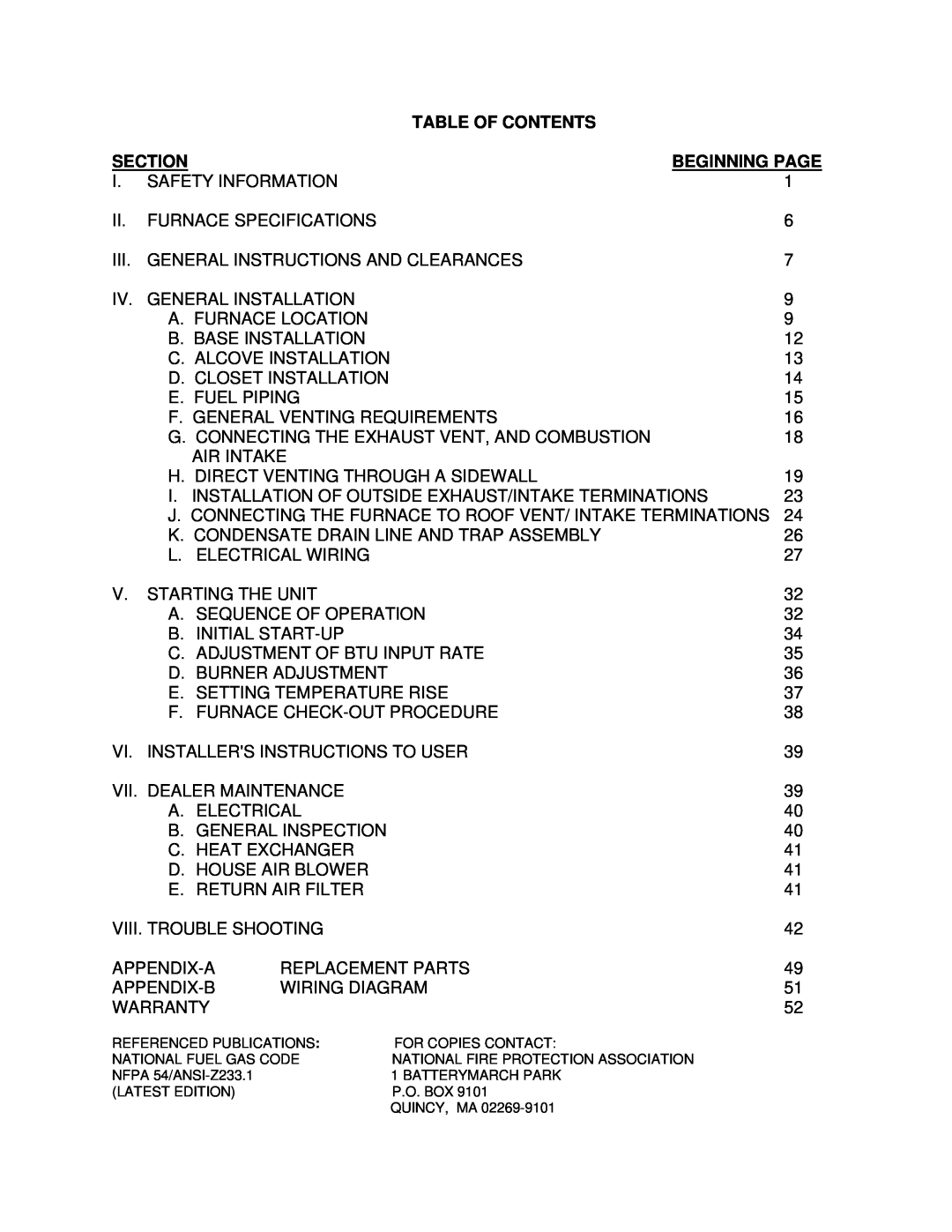 Thermo Products CMA2-75N, CMA1-50N service manual Table Of Contents, Section 