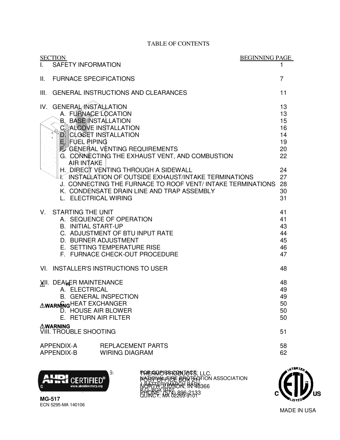 Thermo Products CMC1-75D36N, CMC1-50DV3N, CMC1-50D36N, CMA3-50D36N, CMA3-75D36N, CMC1-75DV3N Table of Contents Section 