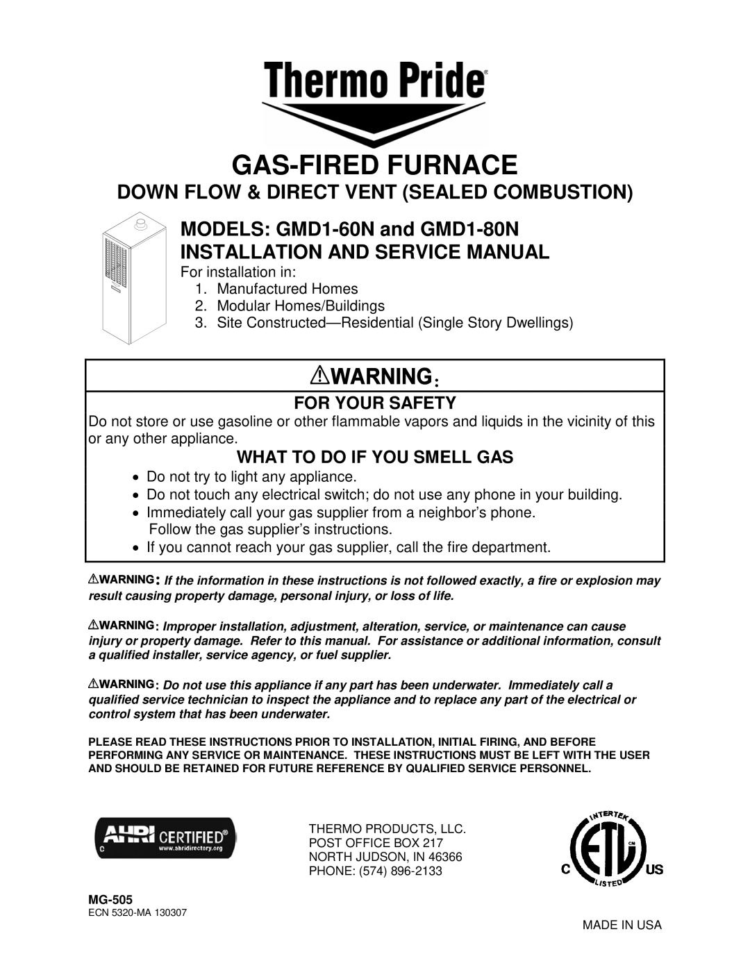 Thermo Products GMD1-60N, GDM1-80N service manual GAS-FIRED Furnace 