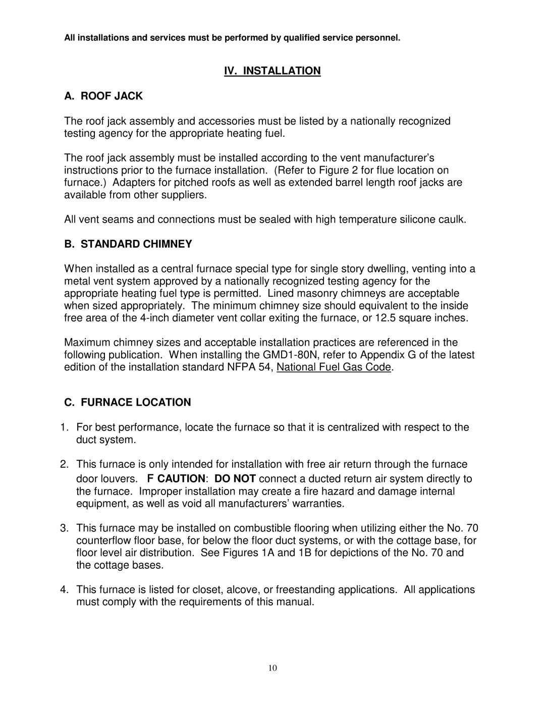 Thermo Products GMD1-60N, GDM1-80N service manual IV. Installation Roof Jack, Standard Chimney, Furnace Location 