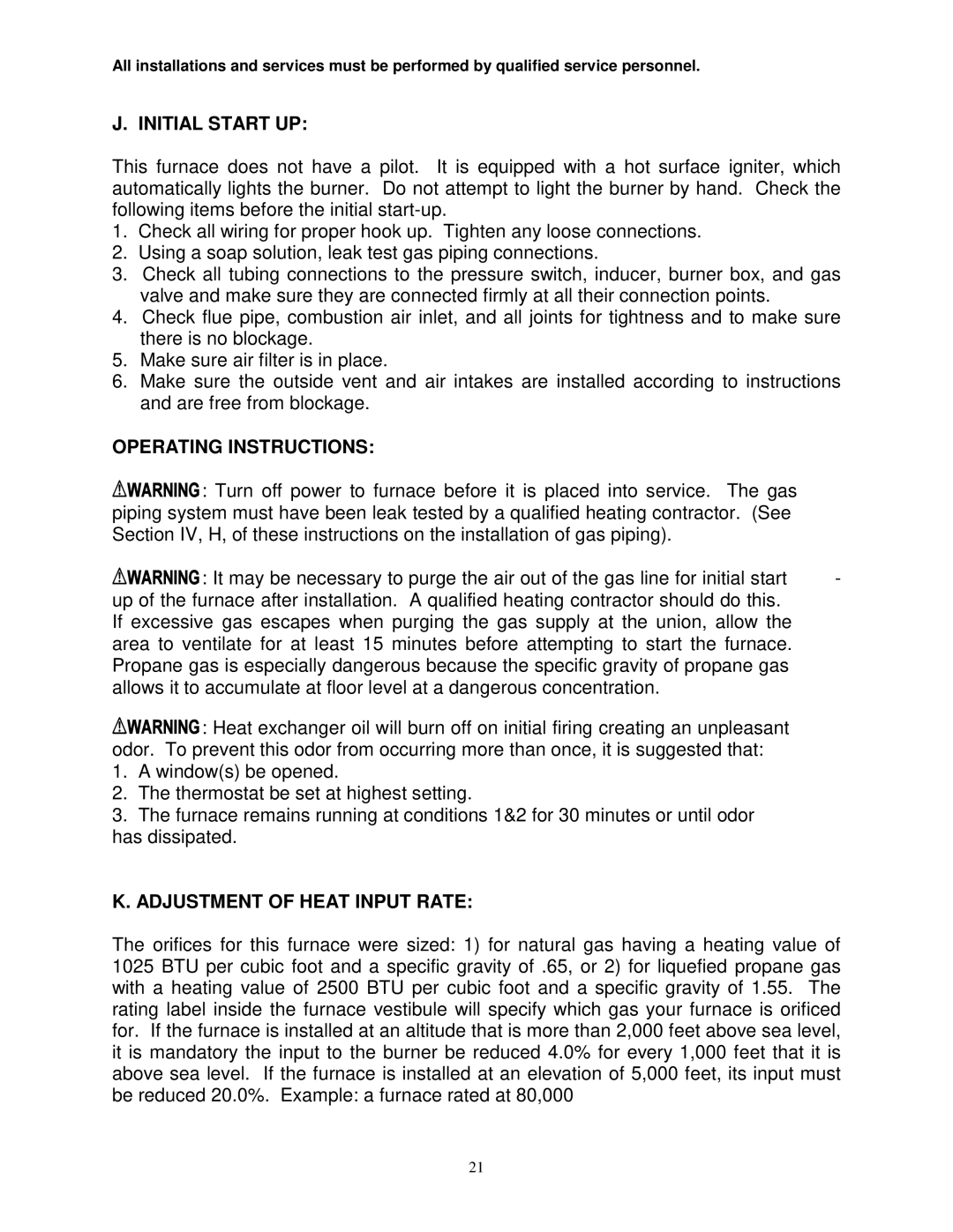 Thermo Products GDM1-80N, GMD1-60N service manual Initial Start UP, Operating Instructions, Adjustment of Heat Input Rate 