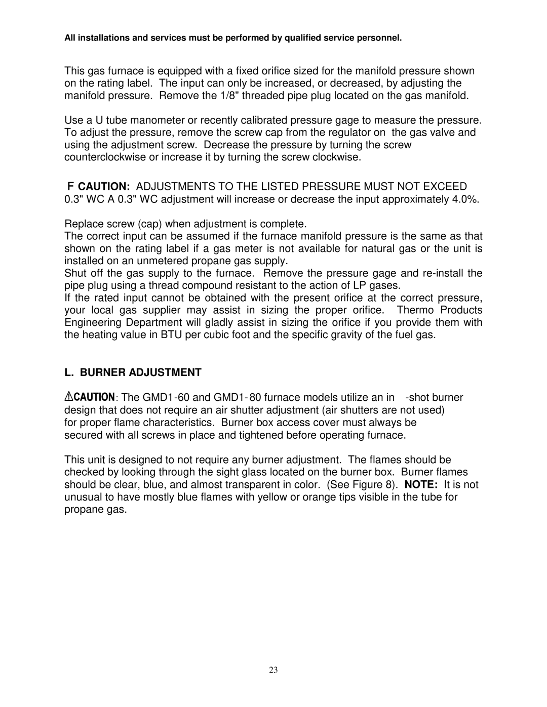 Thermo Products GDM1-80N, GMD1-60N service manual Burner Adjustment 