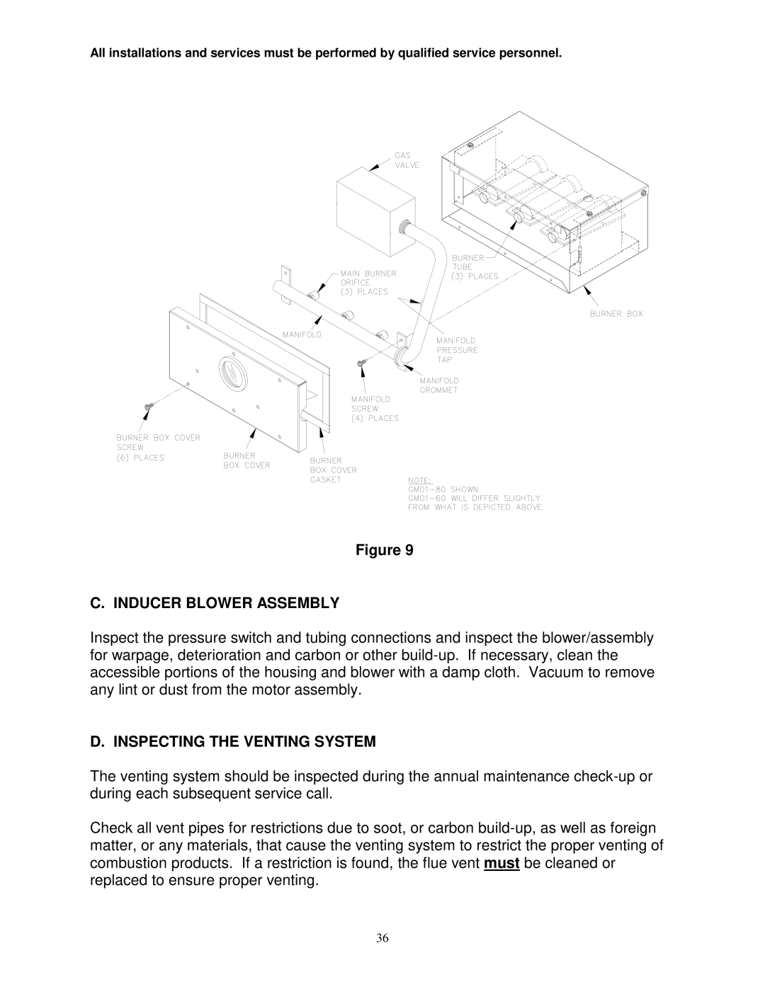 Thermo Products GMD1-60N, GDM1-80N service manual Inducer Blower Assembly, Inspecting the Venting System 