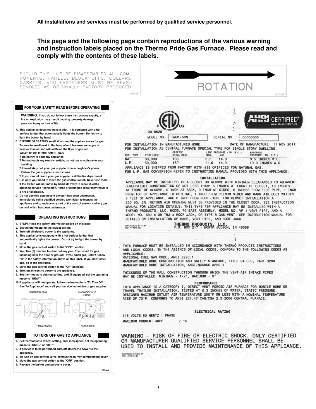 Thermo Products GDM1-80N, GMD1-60N service manual What to do if YOU Smell GAS 