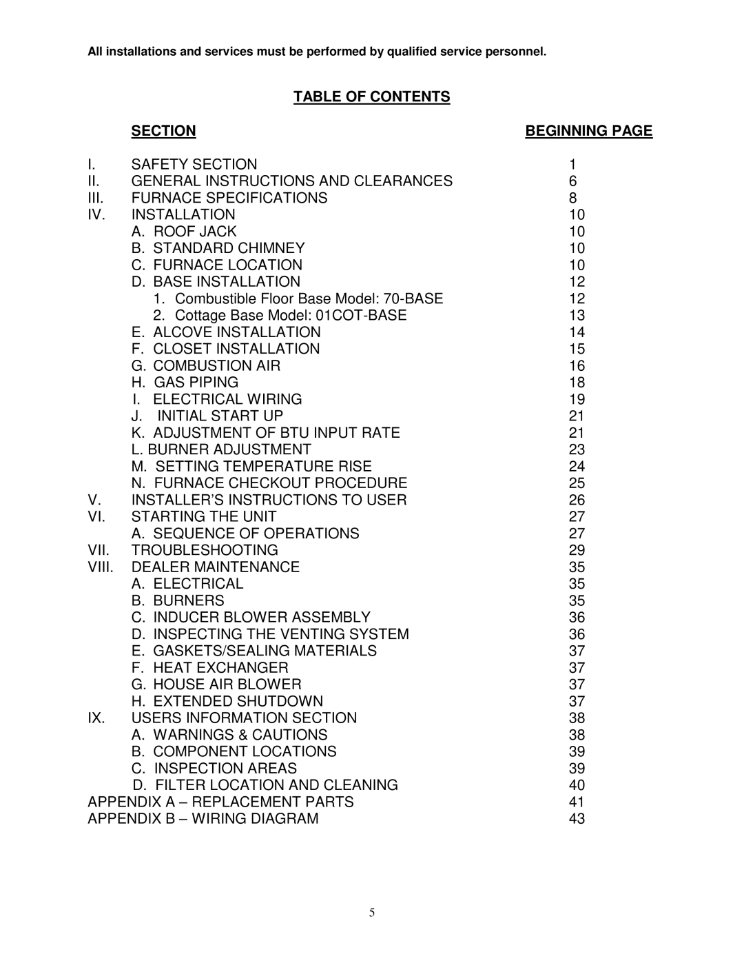 Thermo Products GDM1-80N, GMD1-60N service manual Table of Contents Section Beginning 