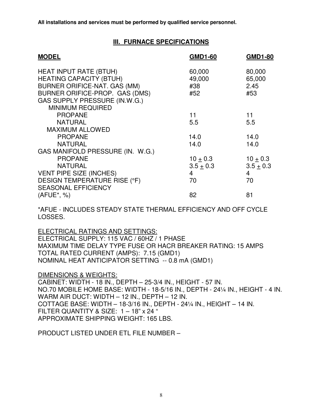 Thermo Products GMD1-60N, GDM1-80N service manual III. Furnace Specifications Model, GMD1-60 GMD1-80 