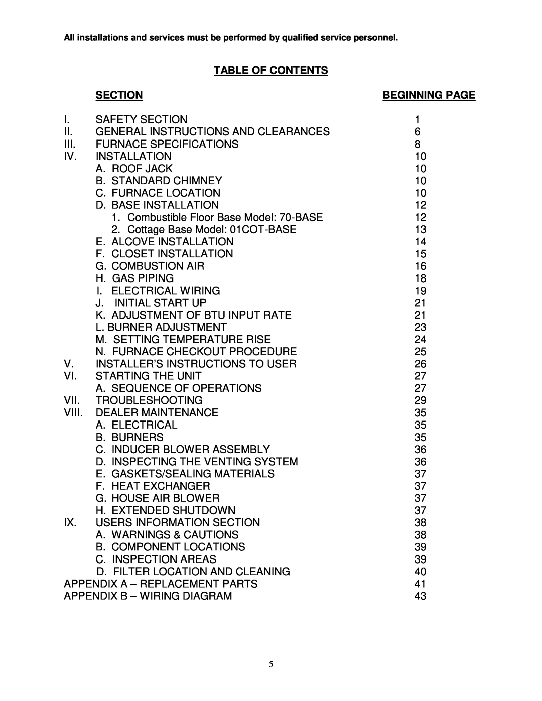 Thermo Products GDM1-80N, GMD1-60N service manual Table Of Contents, Section, Beginning Page 