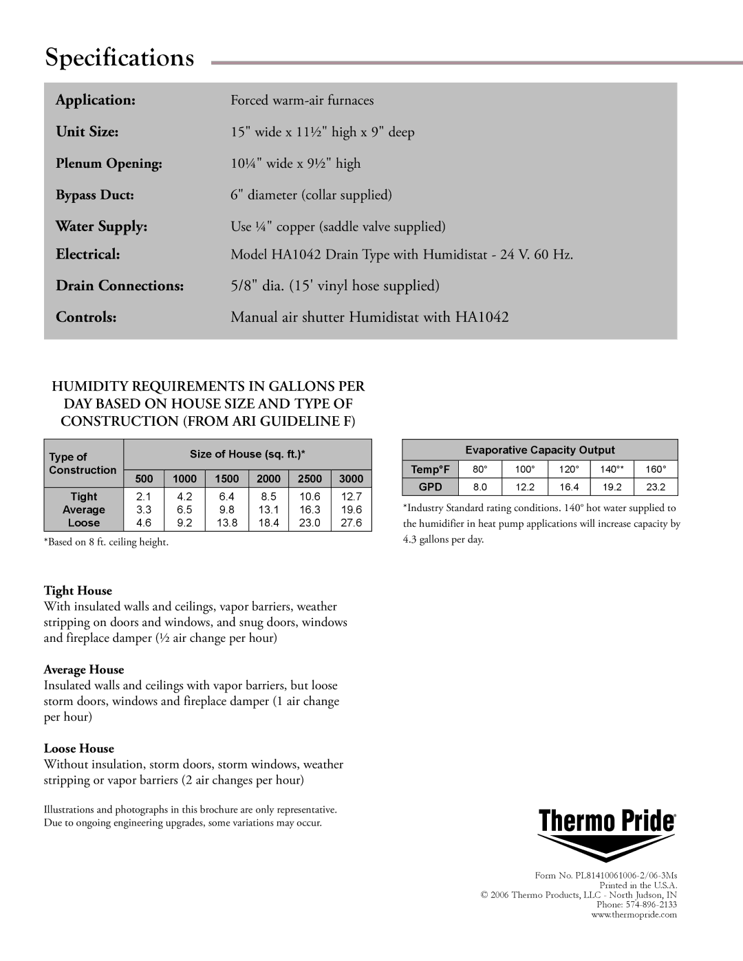 Thermo Products HA1042 manual Specifications 