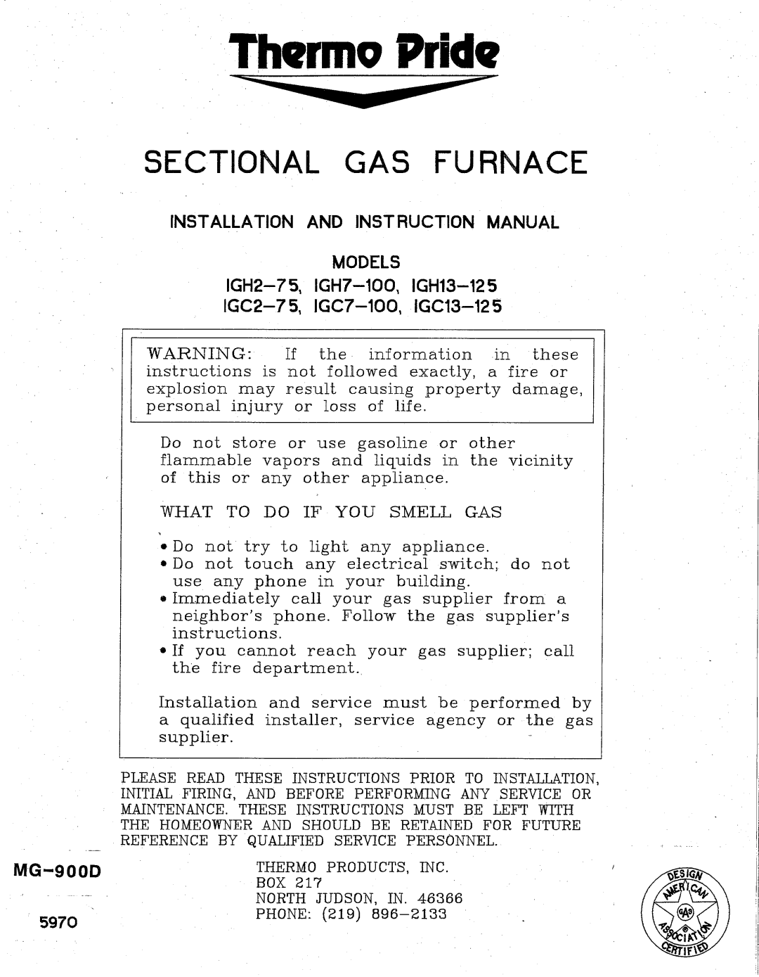 Thermo Products igh2-75 manual 