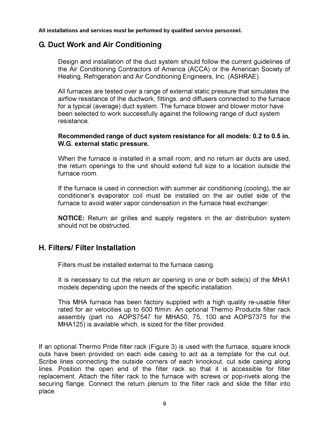 Thermo Products MHA1-125N, MDA1-50N, MHA1-75N, MHA1-100N Duct Work and Air Conditioning, Filters/ Filter Installation 