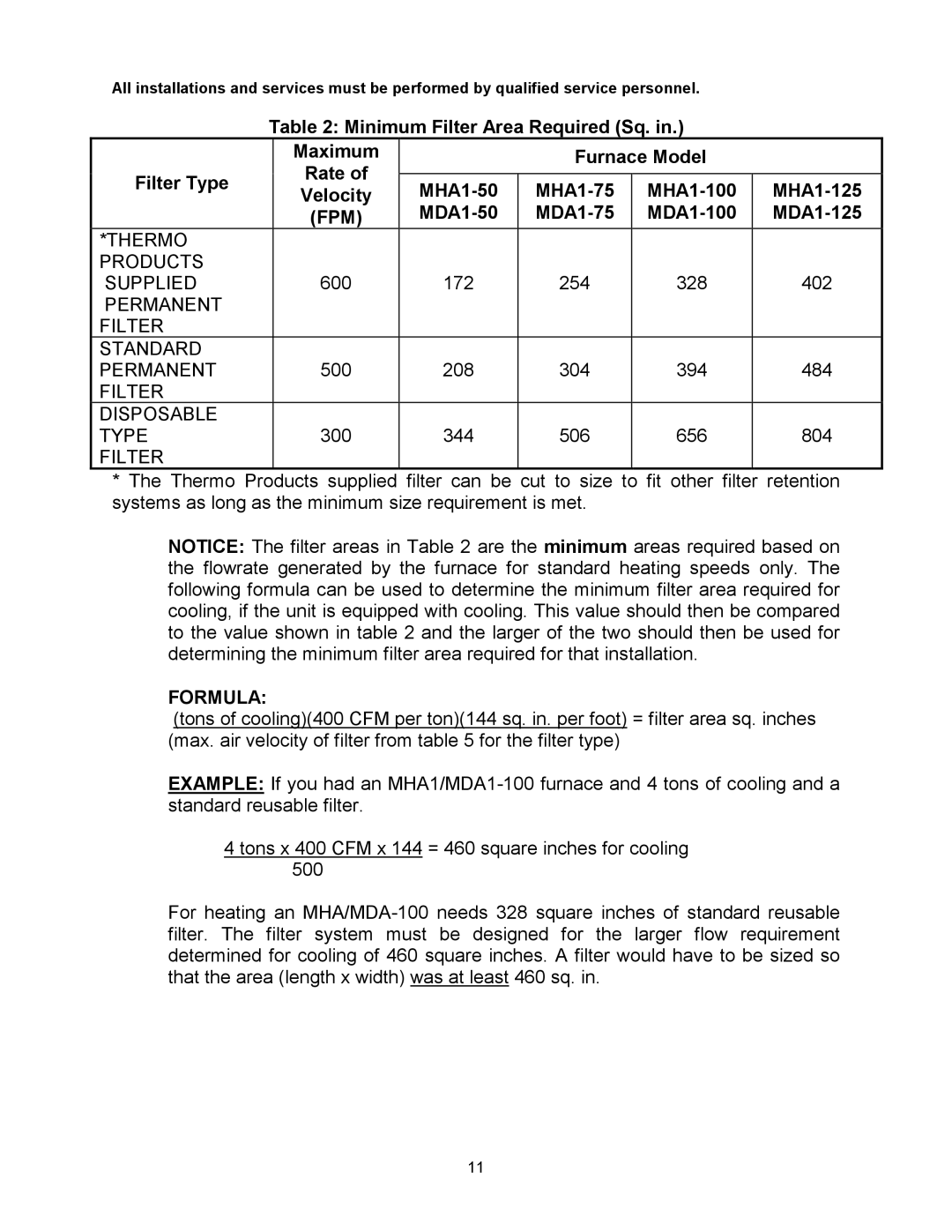 Thermo Products MDA1-125N, MDA1-50N, MHA1-75N, MHA1-100N, MHA1-50N, MHA1-125N, MDA1-75N, MDA1-100N service manual Fpm, Formula 