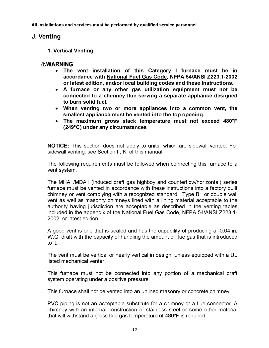 Thermo Products MDA1-100N, MDA1-50N, MHA1-75N, MHA1-100N, MHA1-50N, MHA1-125N, MDA1-75N, MDA1-125N service manual Venting 