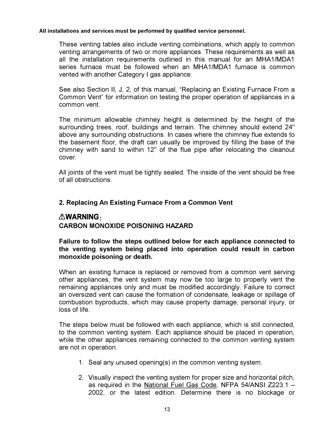 Thermo Products MDA1-50N, MHA1-75N Replacing An Existing Furnace From a Common Vent, Carbon Monoxide Poisoning Hazard 