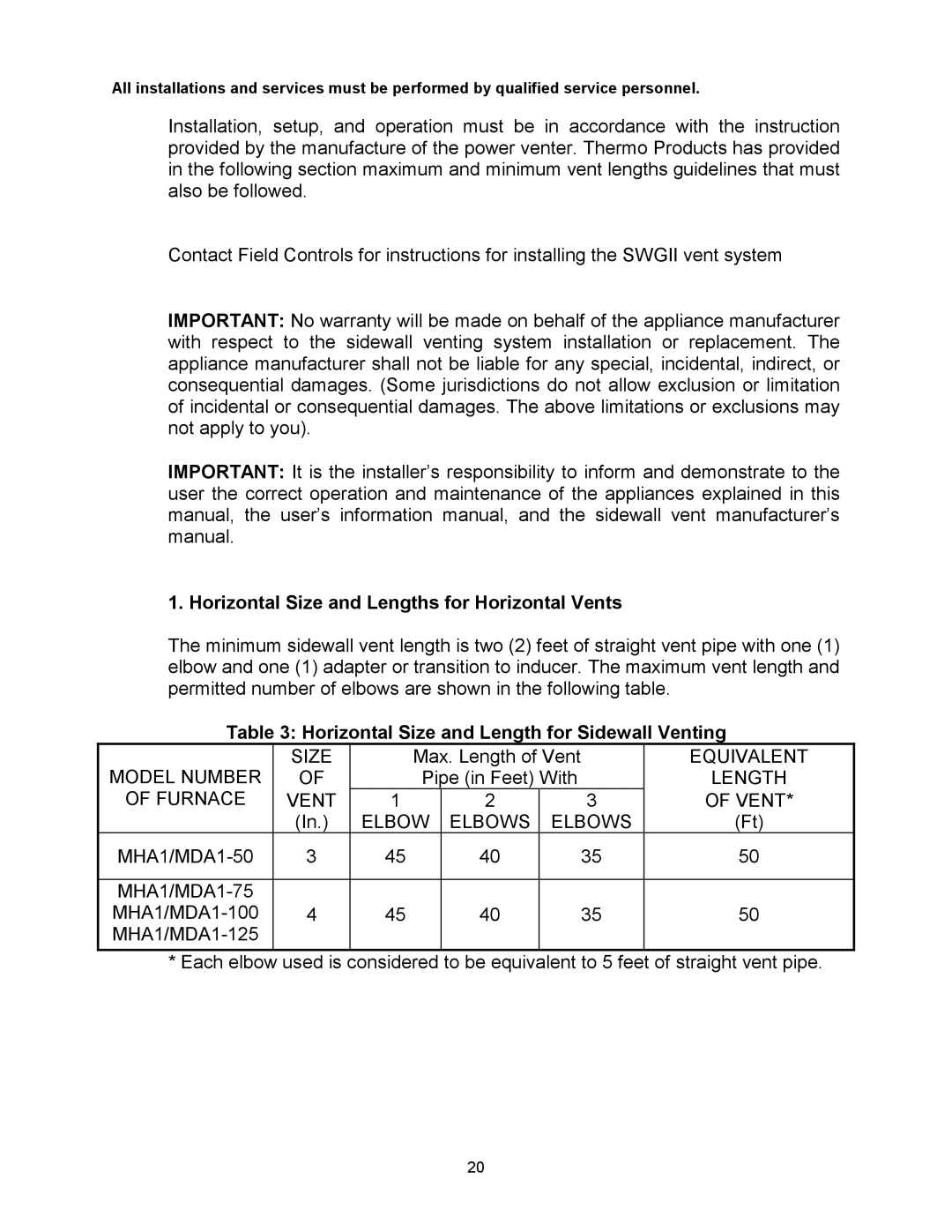 Thermo Products MDA1-100N, MDA1-50N, MHA1-75N, MHA1-100N, MHA1-50N, MHA1-125N Horizontal Size and Lengths for Horizontal Vents 