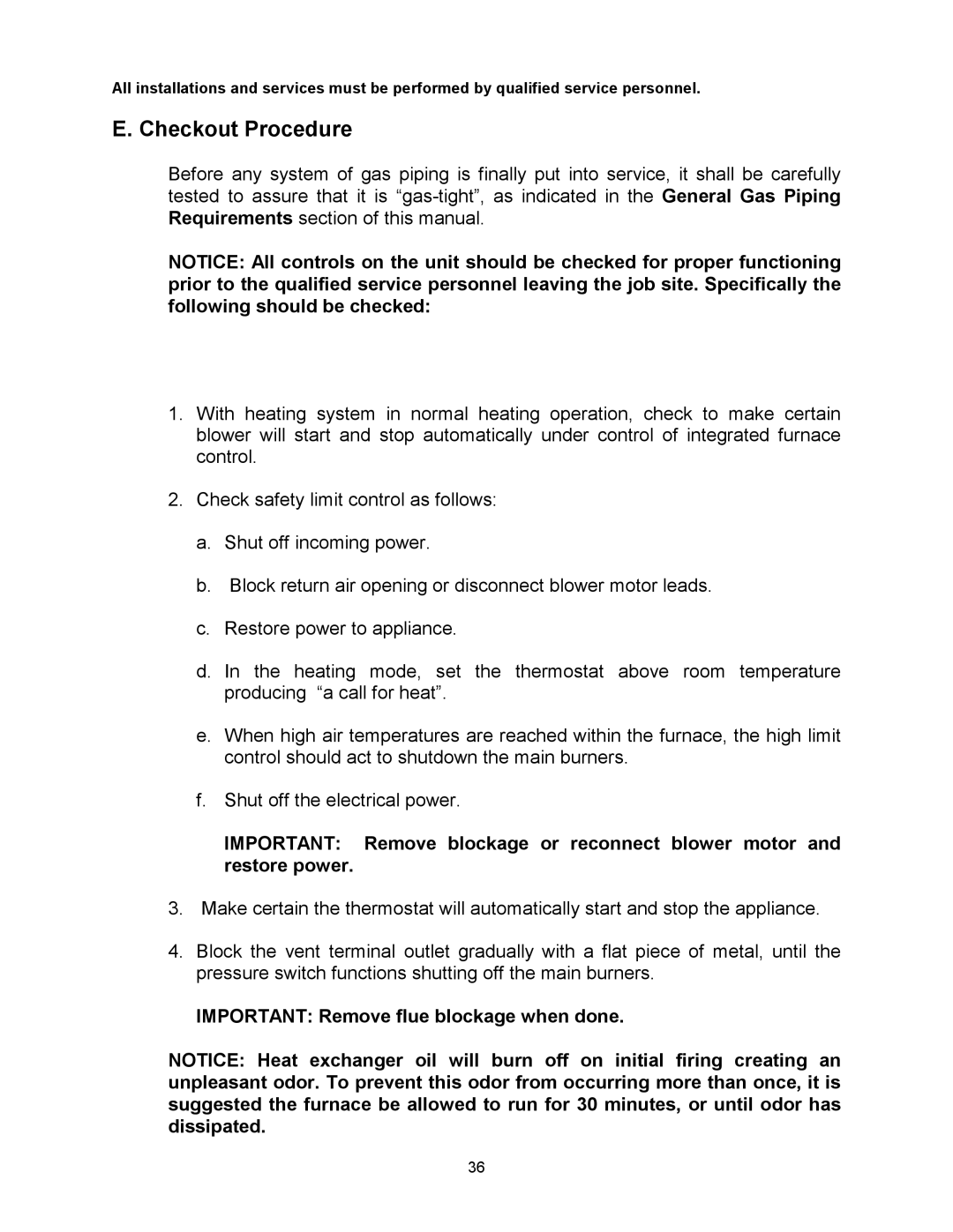 Thermo Products MDA1-100N, MDA1-50N, MHA1-75N, MHA1-100N Checkout Procedure, Important Remove flue blockage when done 