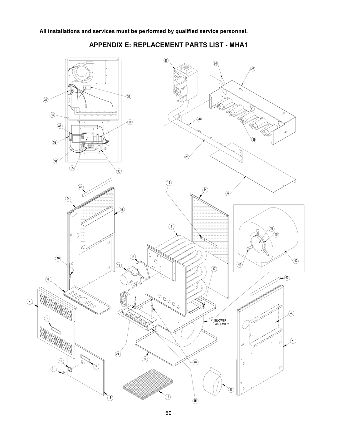 Thermo Products MDA1-75N, MDA1-50N, MHA1-75N, MHA1-100N, MHA1-50N, MHA1-125N, MDA1-125N Appendix E Replacement Parts List MHA1 