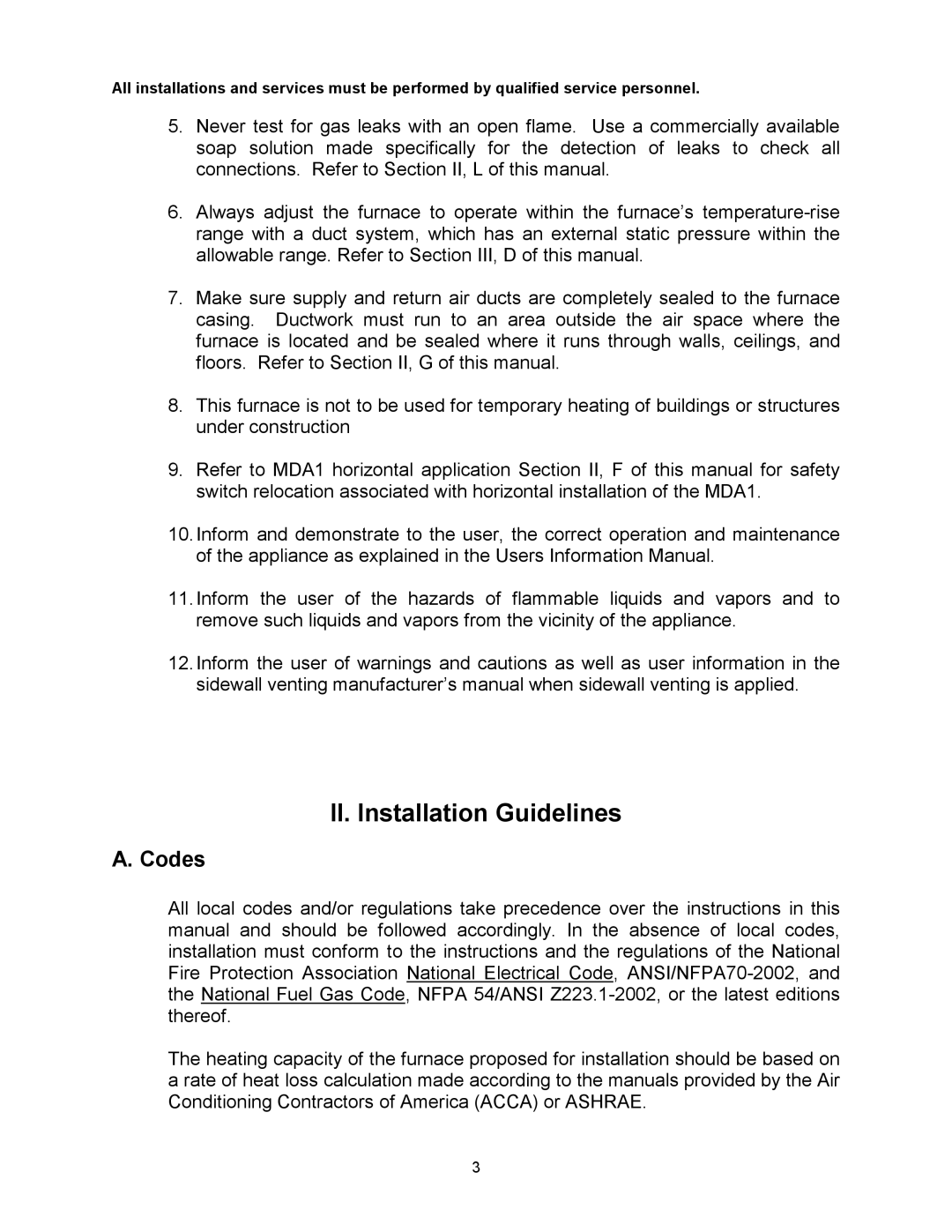 Thermo Products MDA1-125N, MDA1-50N, MHA1-75N, MHA1-100N, MHA1-50N, MHA1-125N, MDA1-75N II. Installation Guidelines, Codes 