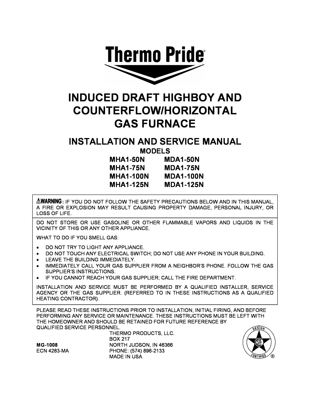 Thermo Products service manual MODELS MHA1-50N MDA1-50N MHA1-75N MDA1-75N, MHA1-100N MDA1-100N MHA1-125N MDA1-125N 