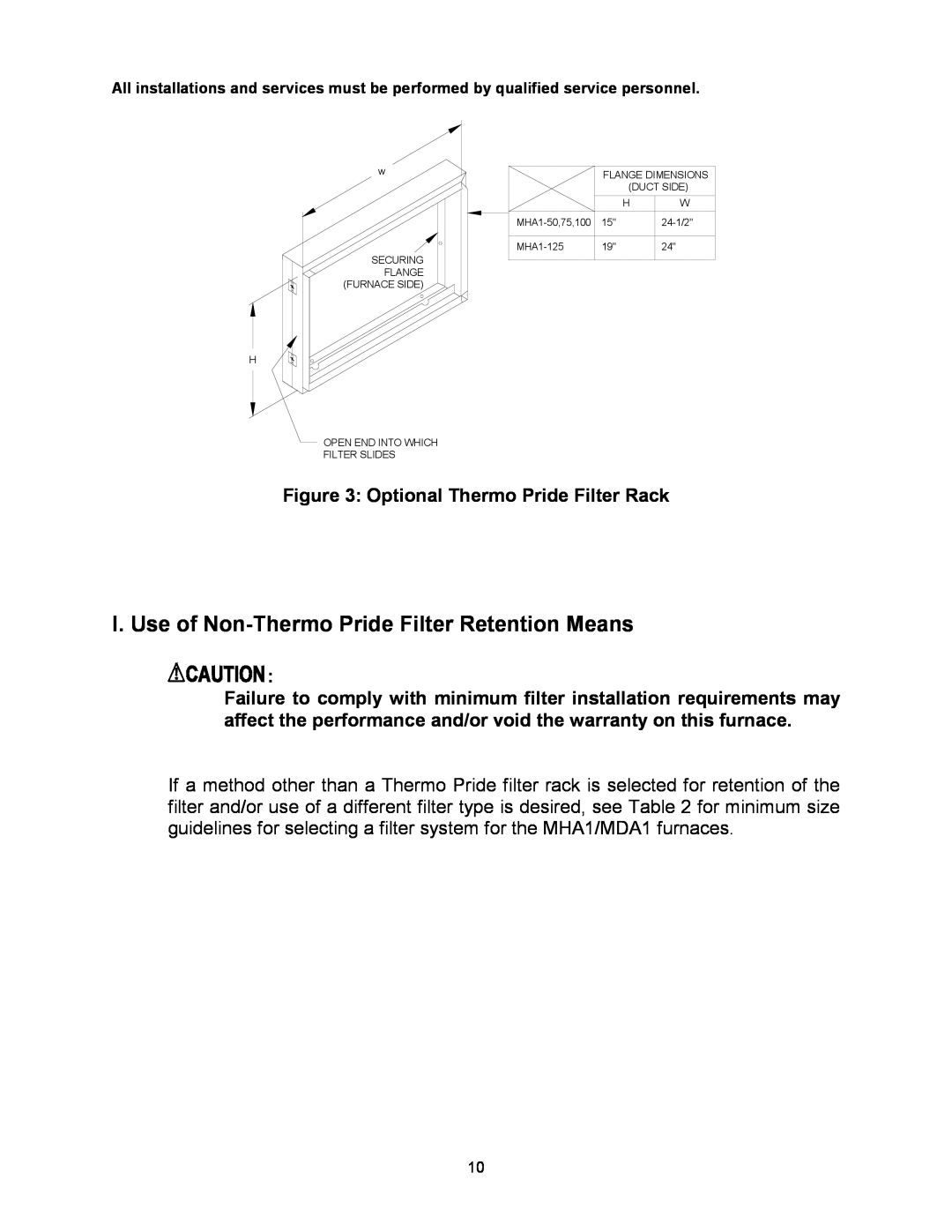 Thermo Products MDA1-75N, MDA1-50N I. Use of Non-ThermoPride Filter Retention Means, Optional Thermo Pride Filter Rack 