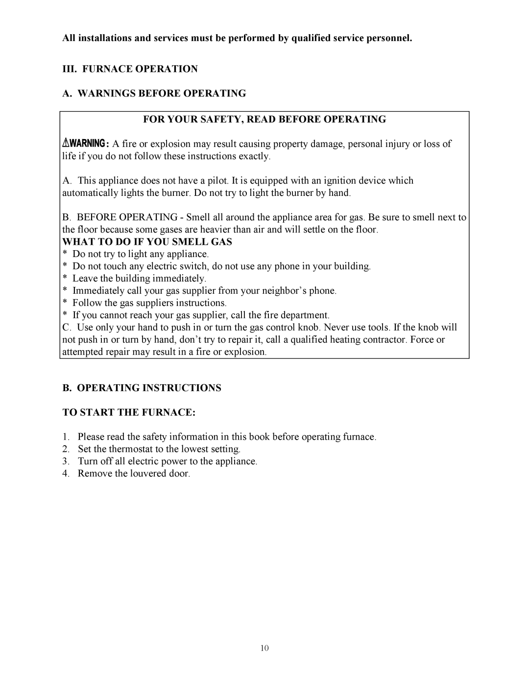 Thermo Products CDX1-75, MHA1-125, MHA1-50, MHA1-100, MHA1-75, MDA1-125, CHB1-75 Operating Instructions to Start the Furnace 