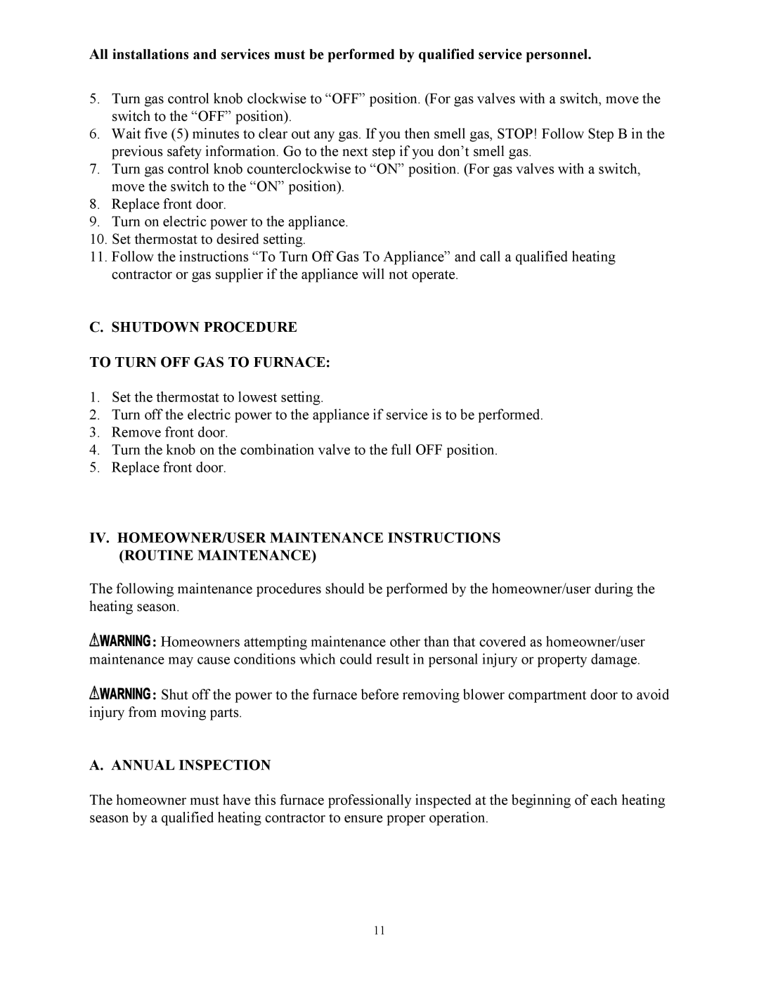 Thermo Products CDX1-100, MHA1-125, MHA1-50, MHA1-100 manual Shutdown Procedure To Turn OFF GAS to Furnace, Annual Inspection 