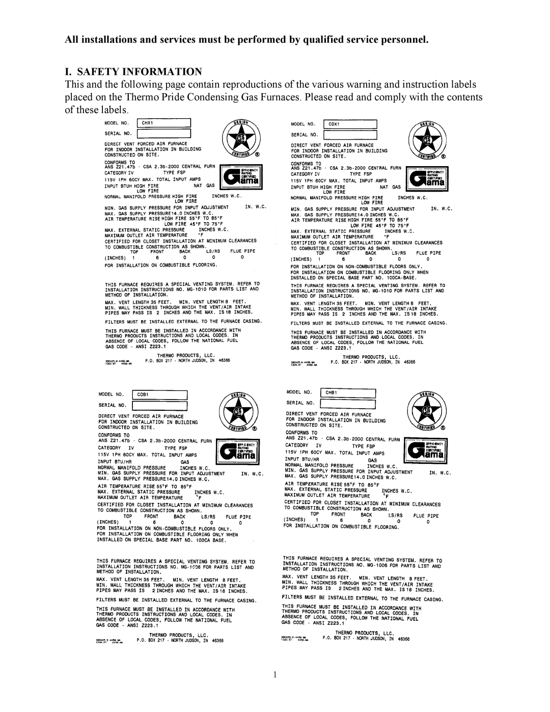 Thermo Products MHA1-75, MHA1-125, MHA1-50, MHA1-100, MDA1-125, CHB1-75, MDA1-75, CHB1-50, CHX1-125, CHX1-100 Safety Information 