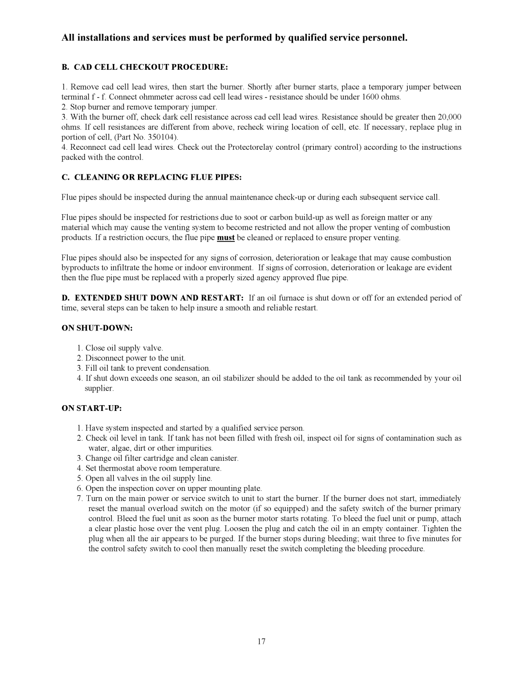 Thermo Products MO-425 manual CAD Cell Checkout Procedure, Cleaning or Replacing Flue Pipes, On SHUT-DOWN, On START-UP 