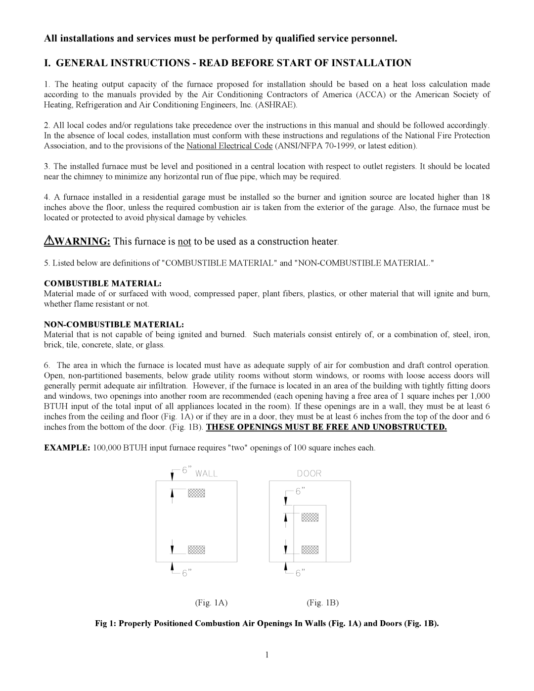 Thermo Products MO-425 manual General Instructions Read Before Start of Installation, Combustible Material 