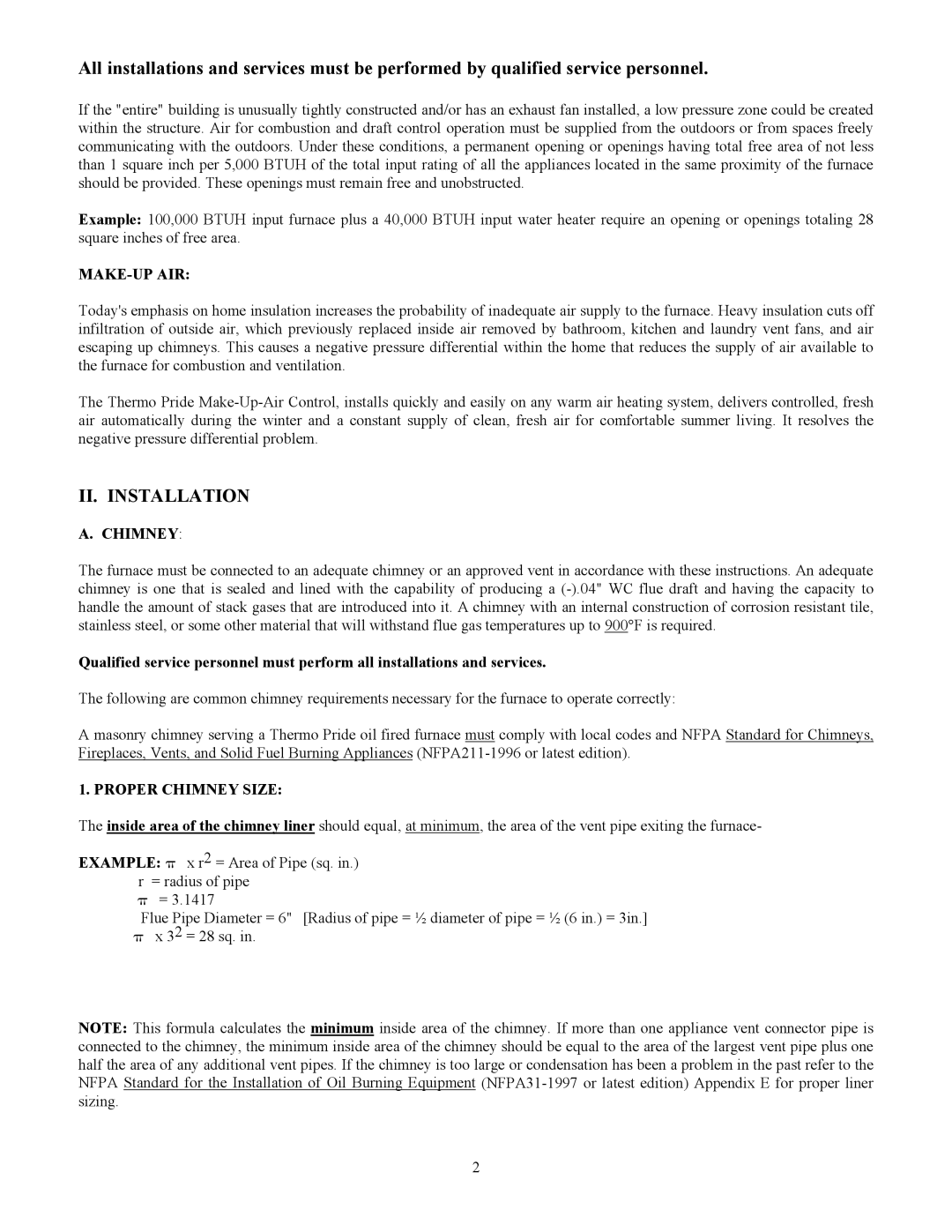 Thermo Products MO-425 manual II. Installation, Make-Up Air, Proper Chimney Size 