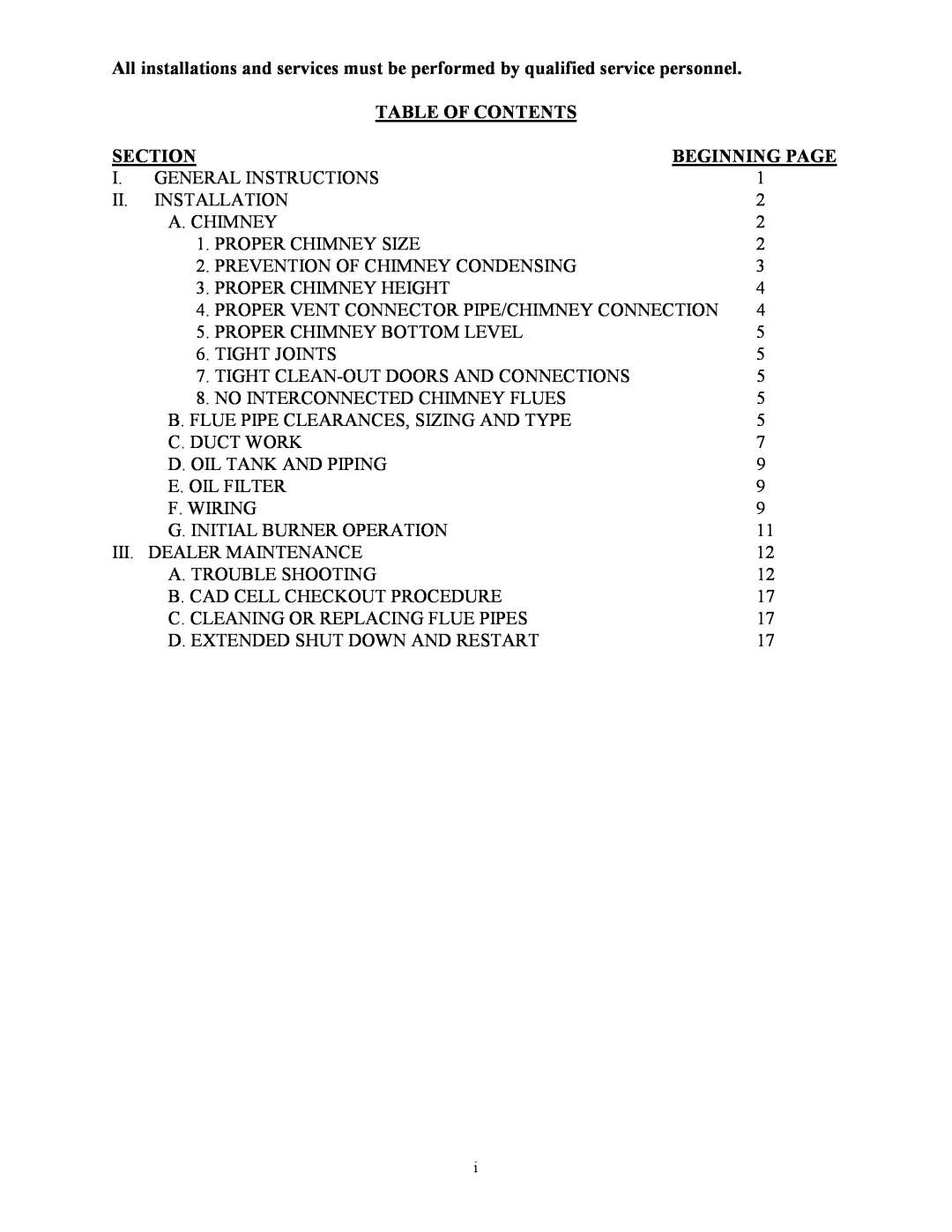 Thermo Products MO-425 manual Table Of Contents, Section, Beginning Page 