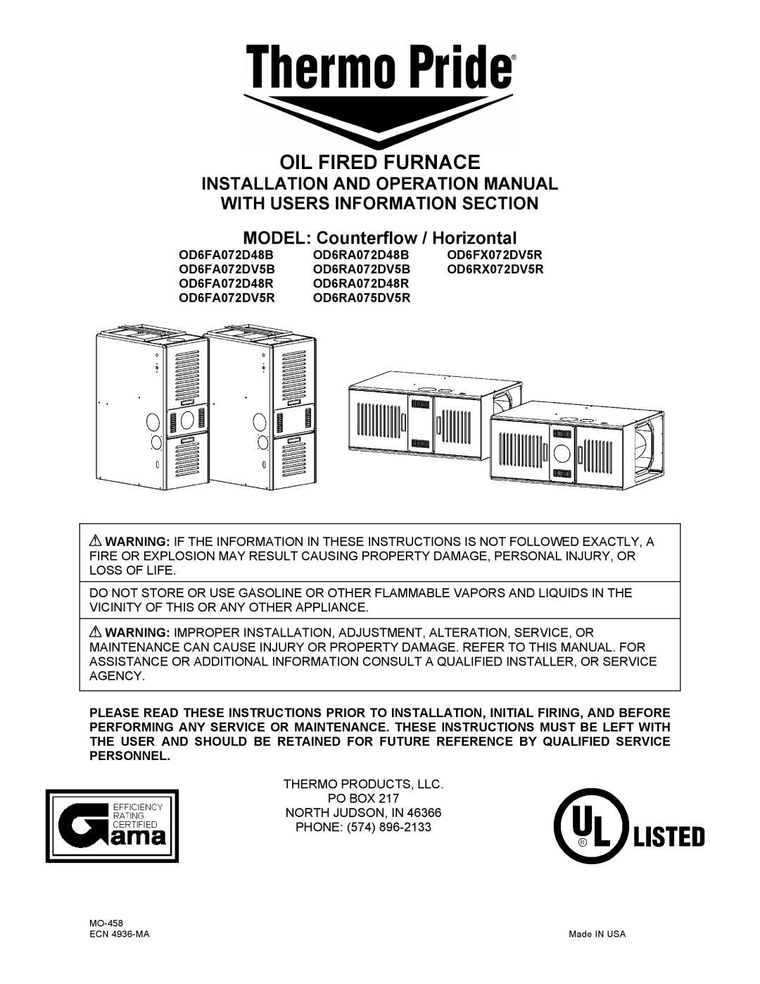 Thermo Products OD6RX072DV5R operation manual OD6FA072D48B OD6RA072D48B OD6FX072DV5R, OD6FA072D48R OD6RA072D48R 