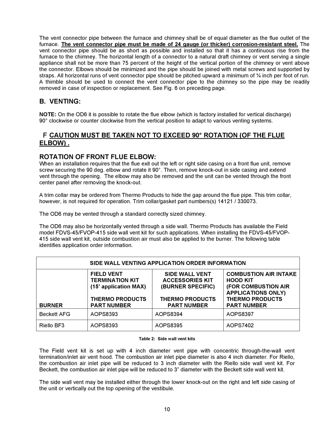 Thermo Products OD6FX072DV5R, OD6FA072DV5R, OD6RX072DV5R Venting Rotation of Front Flue Elbow, 15’ application MAX 