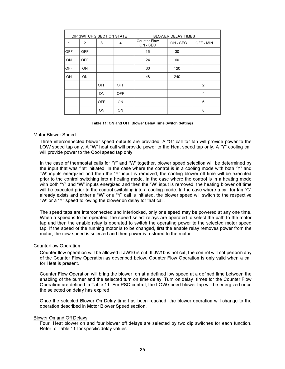 Thermo Products OD6FA072DV5B, OD6FA072DV5R, OD6RX072DV5R, OD6RA072DV5B On and OFF Blower Delay Time Switch Settings 