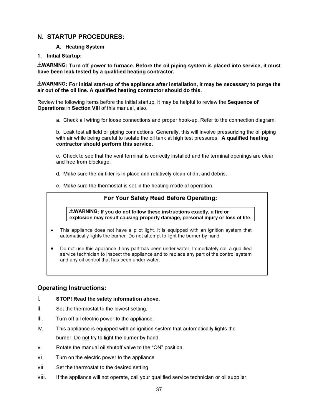 Thermo Products OD6FA072DV5R Startup Procedures, Operating Instructions, STOP! Read the safety information above 