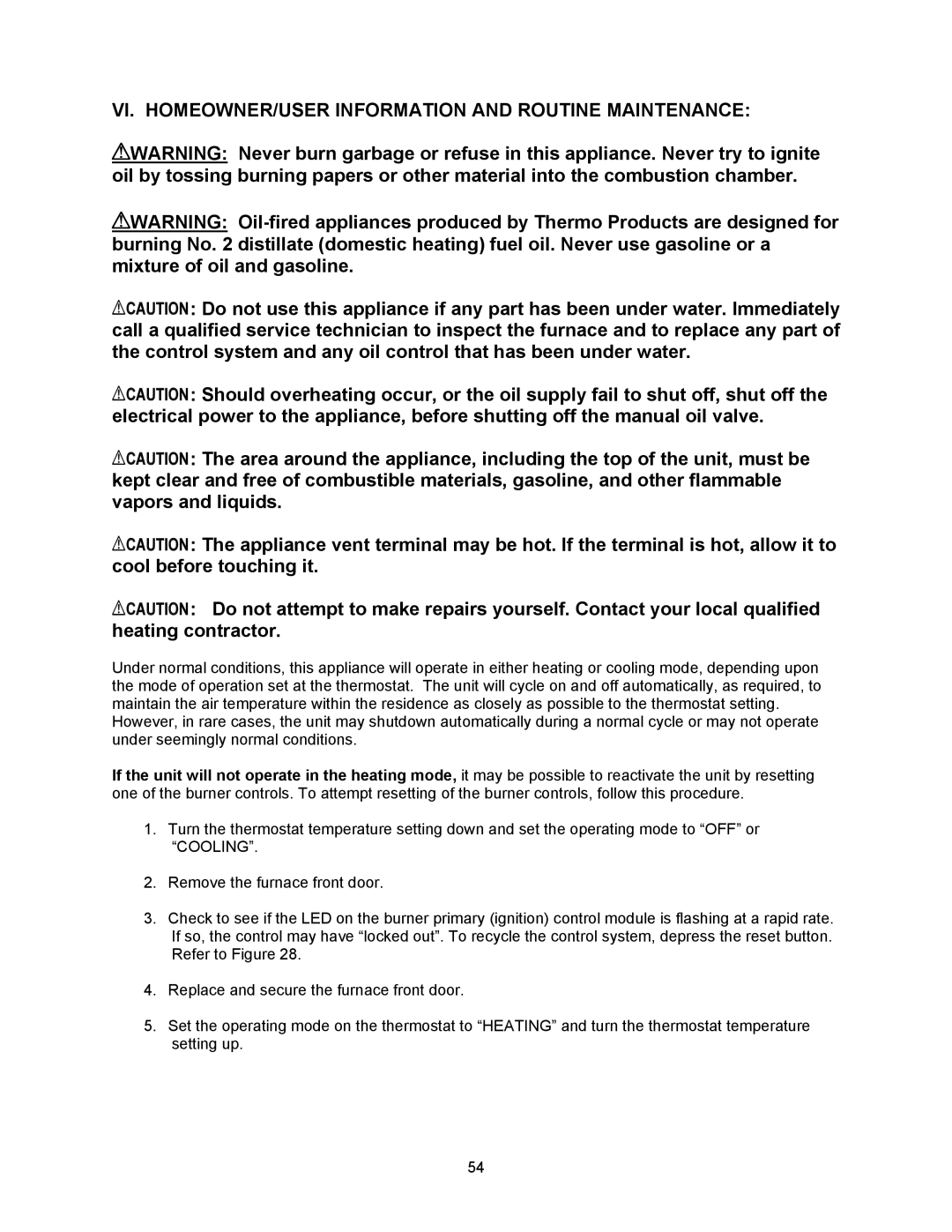 Thermo Products OD6RA075DV5R, OD6FA072DV5R, OD6RX072DV5R VI. HOMEOWNER/USER Information and Routine Maintenance 