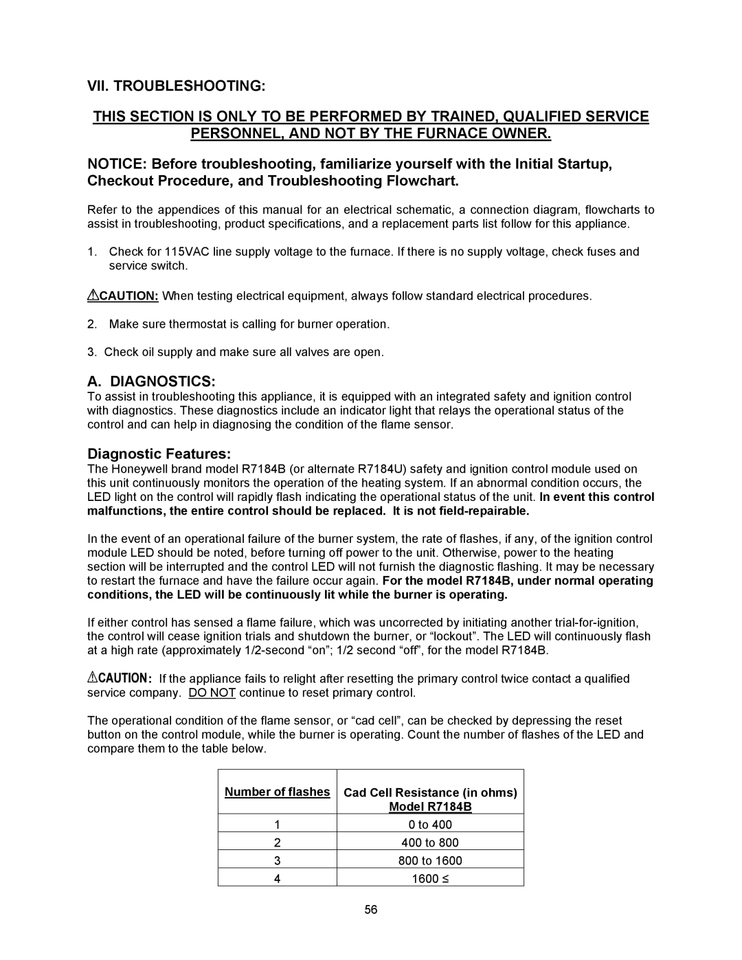 Thermo Products OD6FA072D48B Diagnostics, Diagnostic Features, Number of flashes Cad Cell Resistance in ohms Model R7184B 