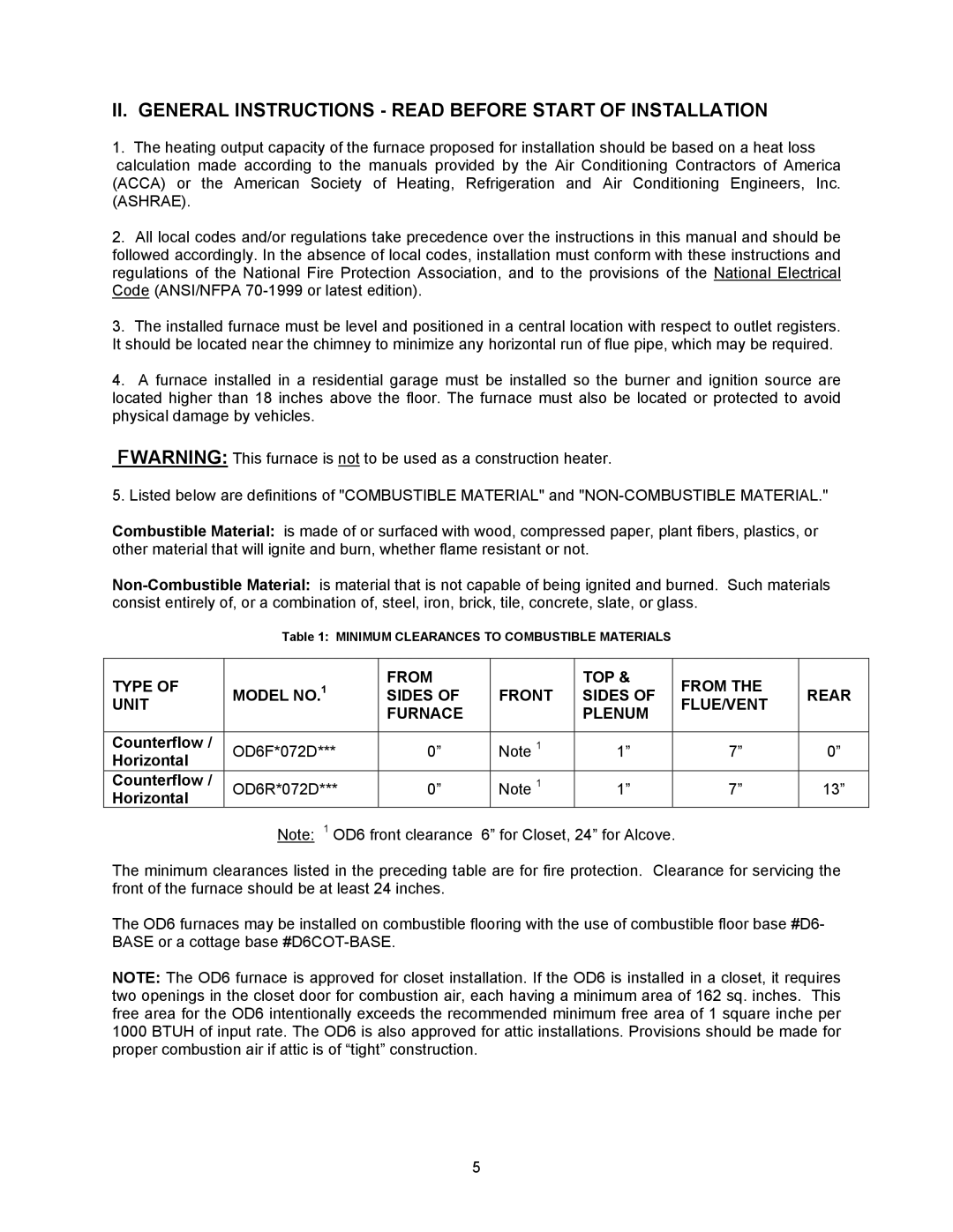 Thermo Products OD6FA072DV5B, OD6FA072DV5R, OD6RX072DV5R II. General Instructions Read Before Start of Installation 