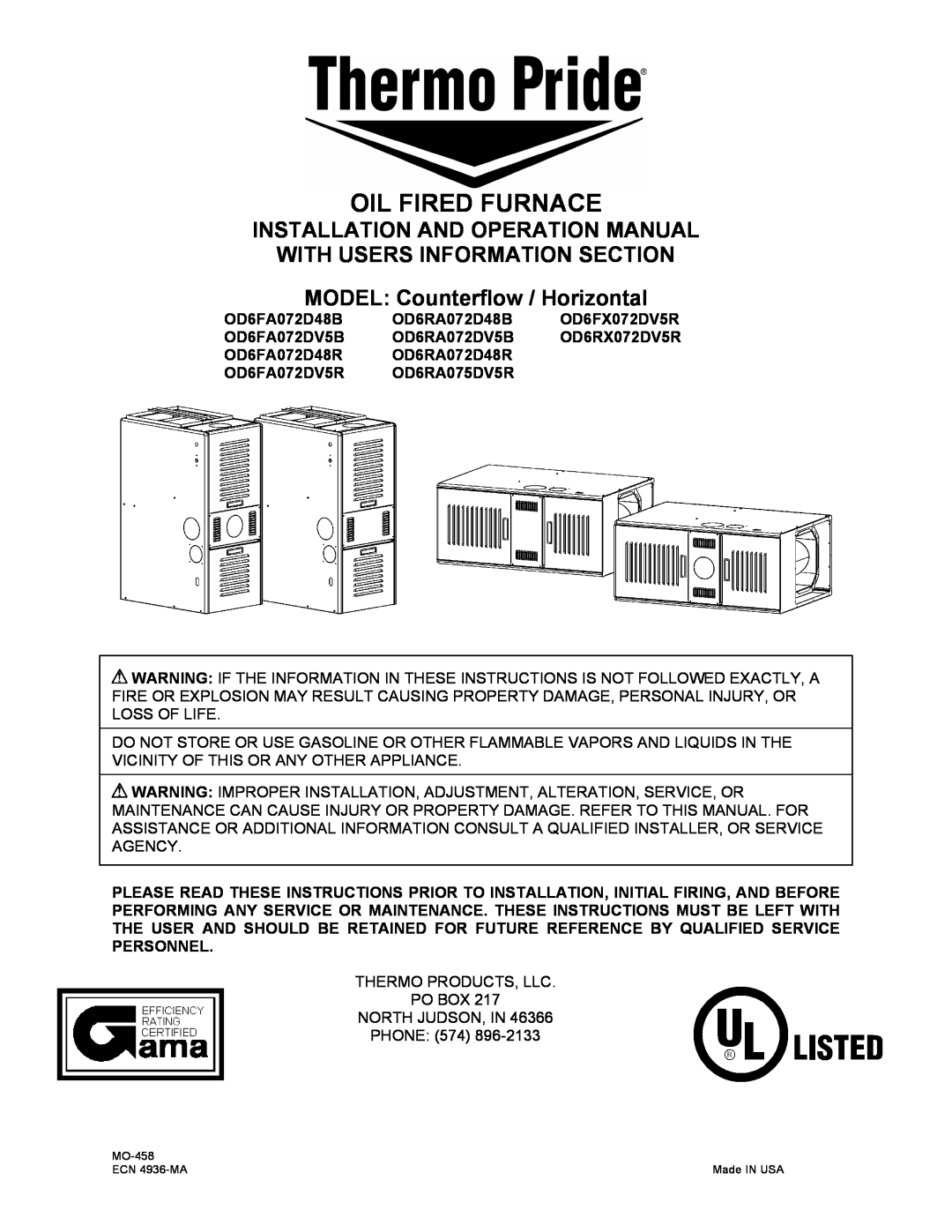 Thermo Products OD6RX072DV5R, OD6FA072DV5R, OD6RA072DV5B operation manual Oil Fired Furnace, With Users Information Section 