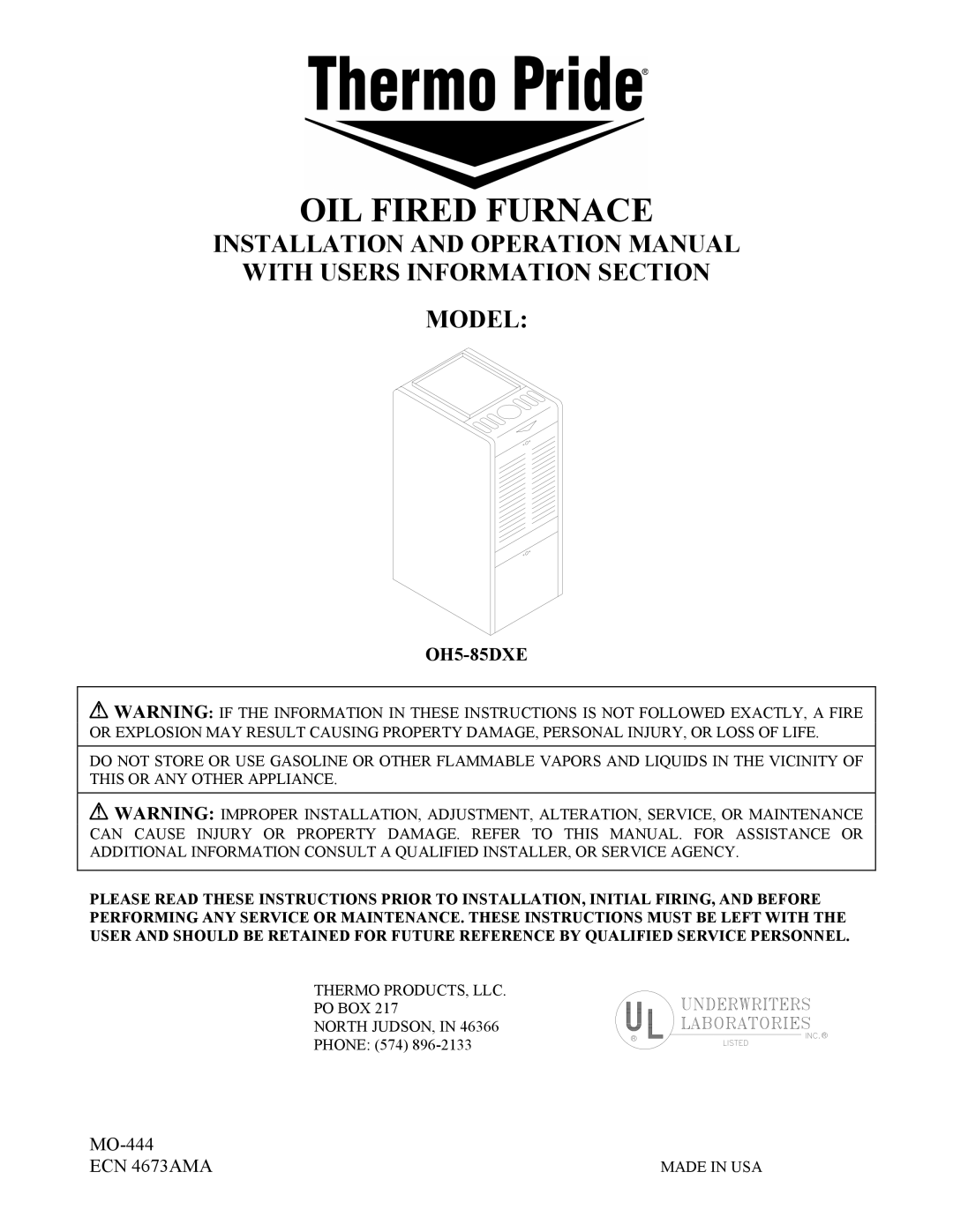 Thermo Products OH5-85DXE operation manual OIL Fired Furnace 