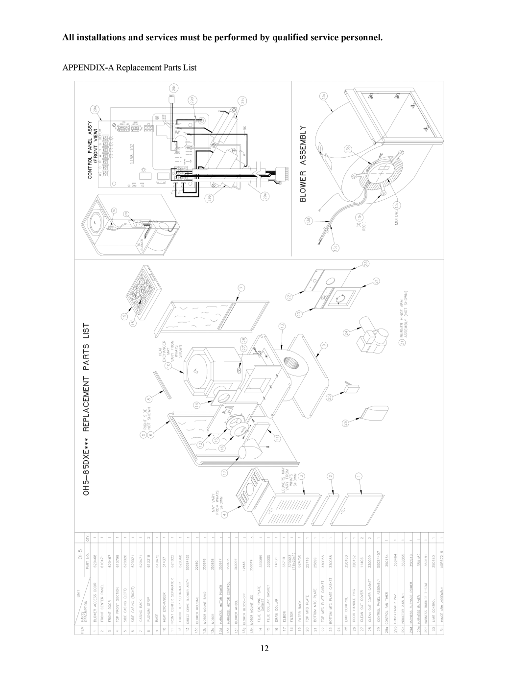 Thermo Products OH5-85DXE operation manual APPENDIX-A Replacement Parts List 