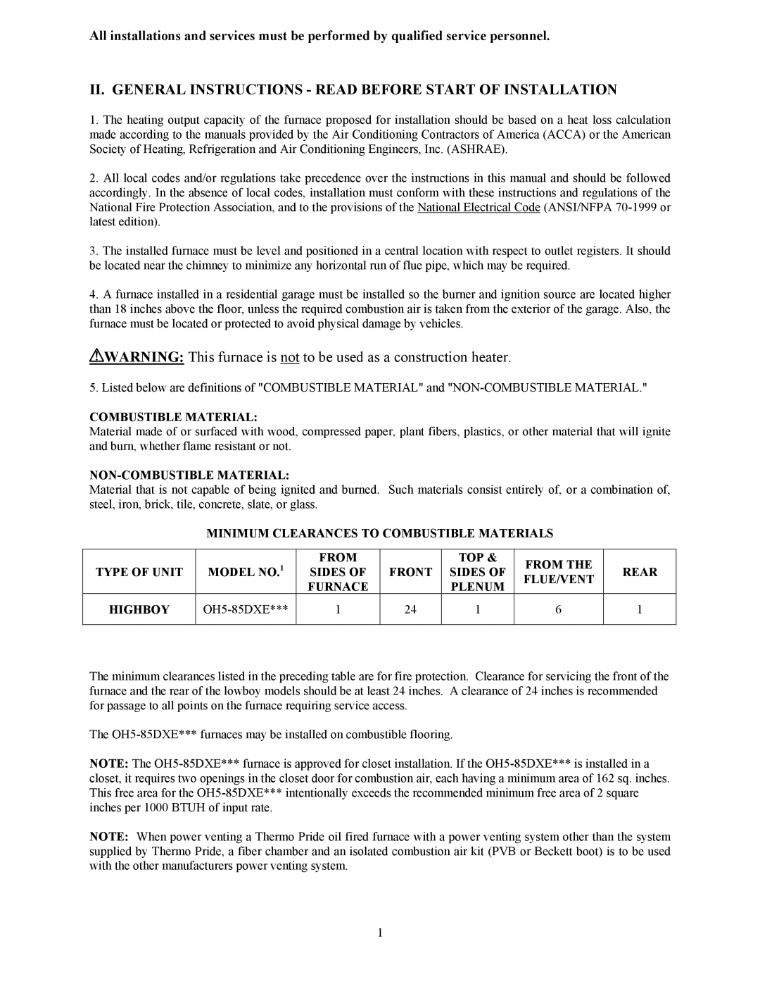 Thermo Products OH5-85DXE operation manual II. General Instructions Read Before Start of Installation, Combustible Material 