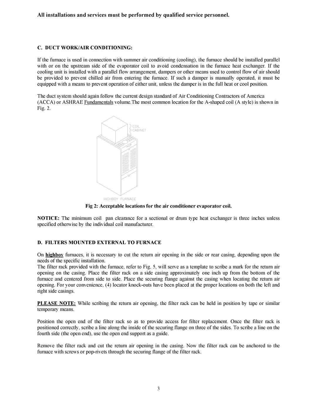 Thermo Products OH5-85DXE operation manual Duct WORK/AIR Conditioning, Filters Mounted External to Furnace 