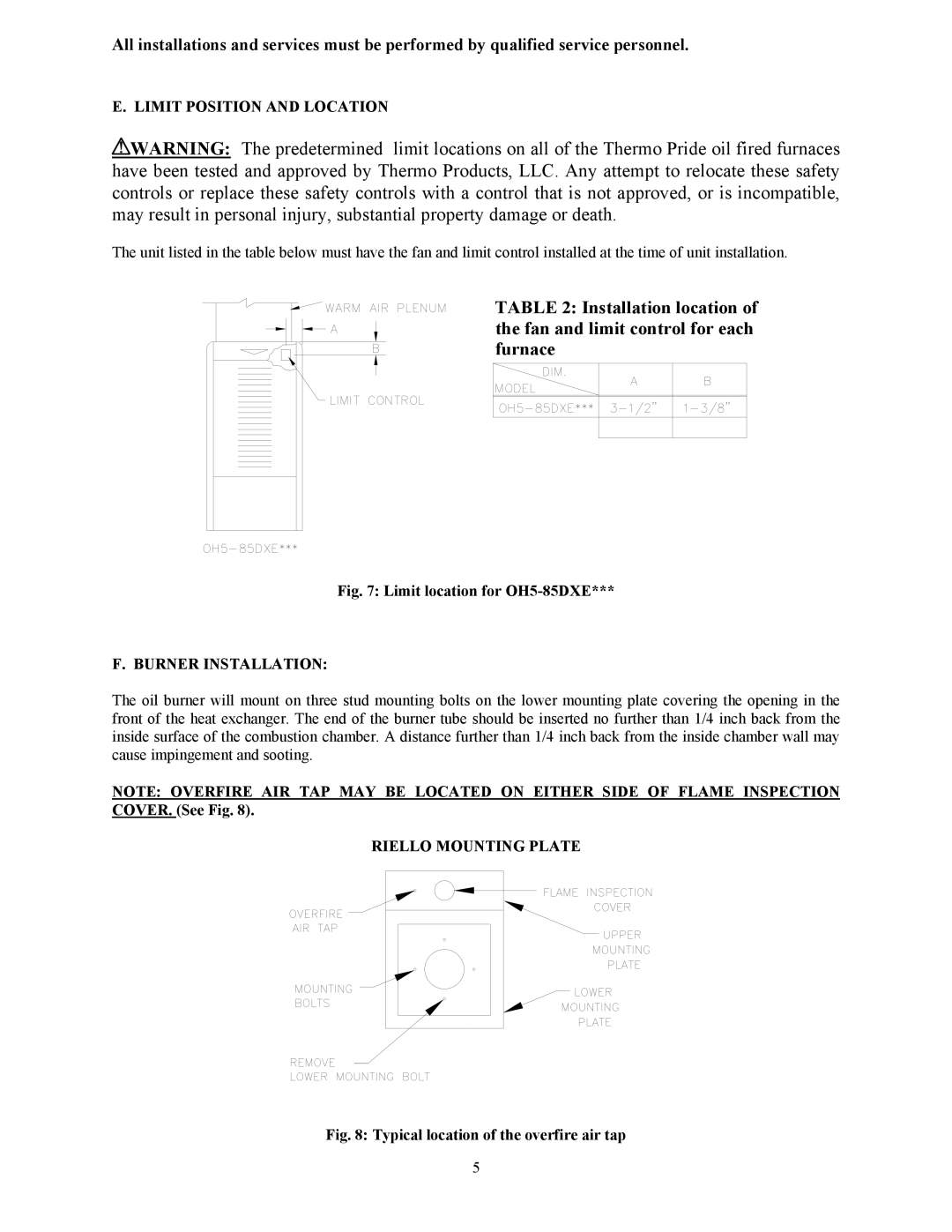 Thermo Products OH5-85DXE operation manual Limit Position and Location, Burner Installation, Riello Mounting Plate 