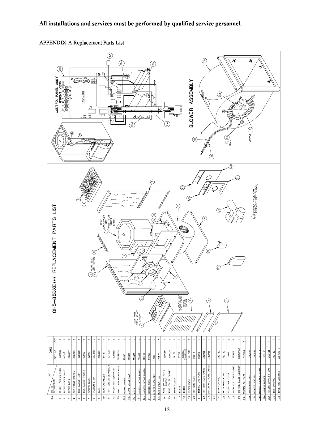 Thermo Products OH5-85DXE operation manual APPENDIX-AReplacement Parts List 