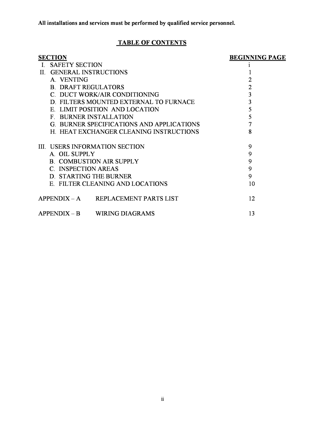 Thermo Products OH5-85DXE operation manual Table Of Contents, Section, Beginning Page 